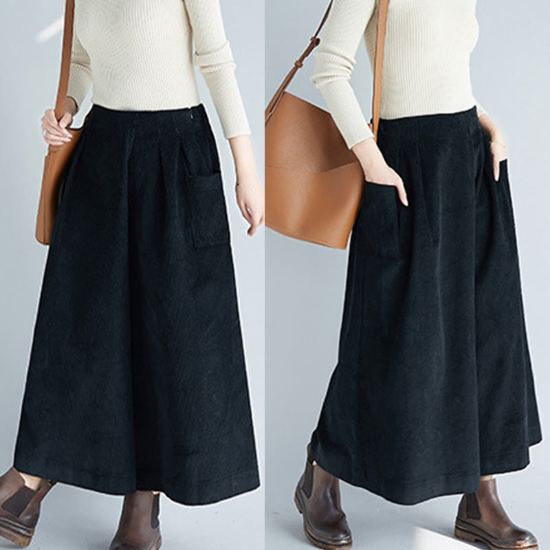 Women's Plain Side Zipper Design Wide Leg Corduroy 7-8 Length Pants With Pockets