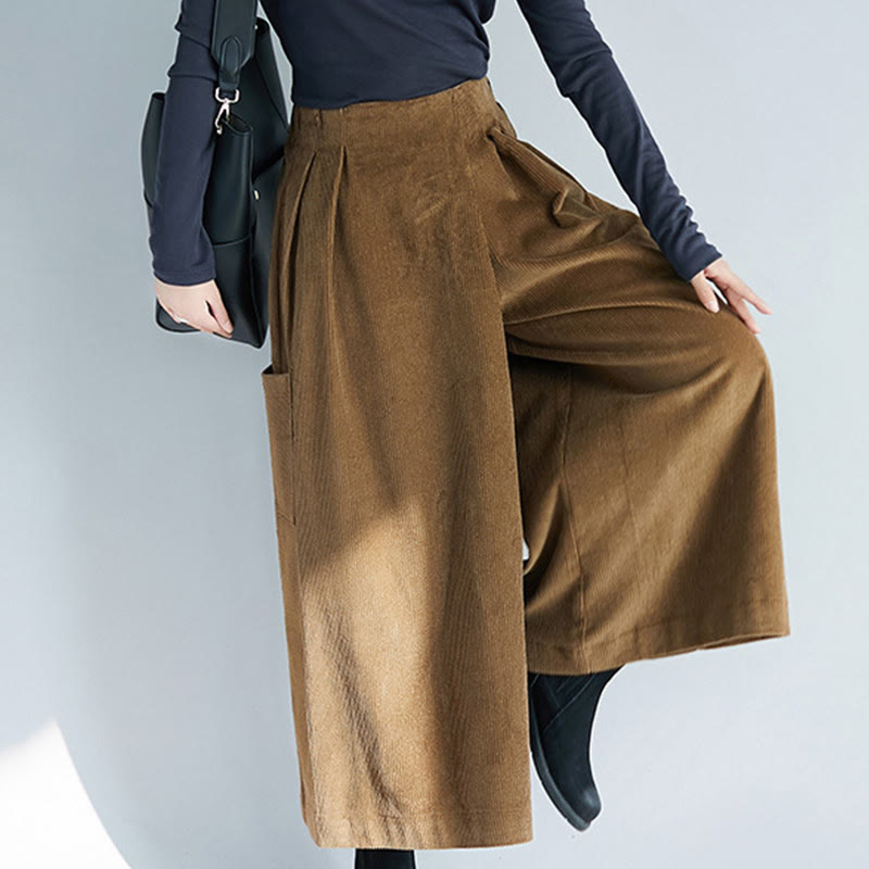 Women's Plain Side Zipper Design Wide Leg Corduroy 7-8 Length Pants With Pockets