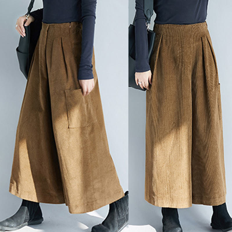 Women's Plain Side Zipper Design Wide Leg Corduroy 7-8 Length Pants With Pockets