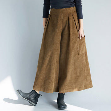 Women's Plain Side Zipper Design Wide Leg Corduroy 7-8 Length Pants With Pockets