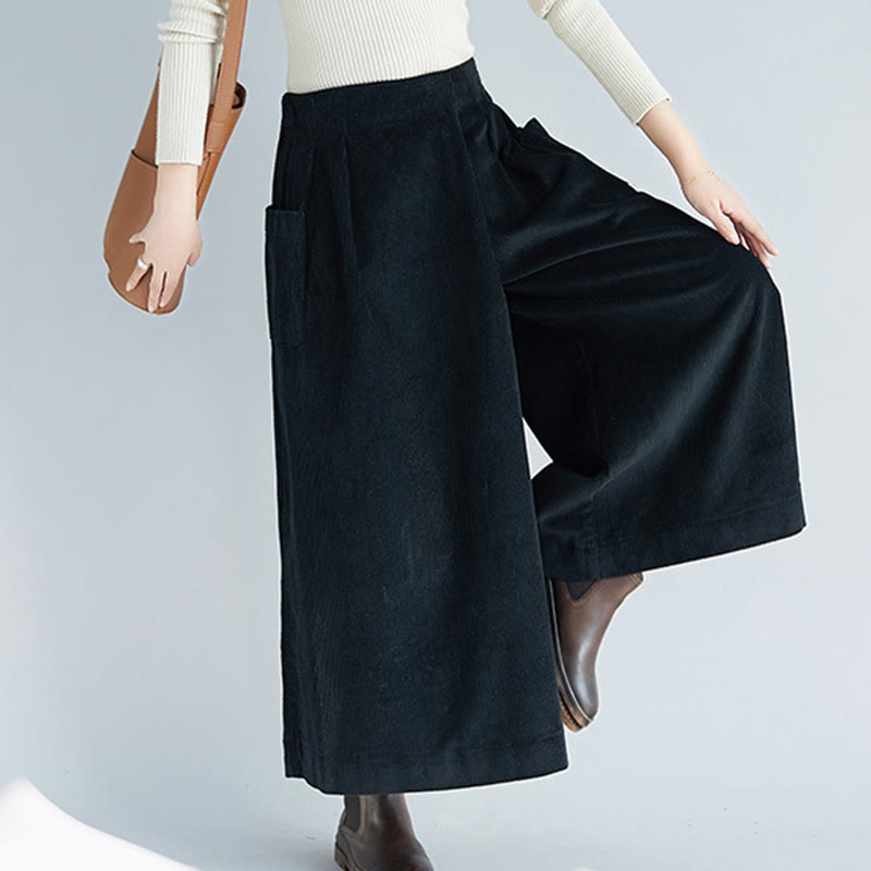 Women's Plain Side Zipper Design Wide Leg Corduroy 7-8 Length Pants With Pockets