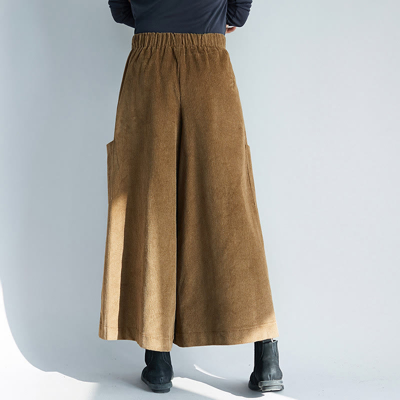 Women's Plain Side Zipper Design Wide Leg Corduroy 7-8 Length Pants With Pockets