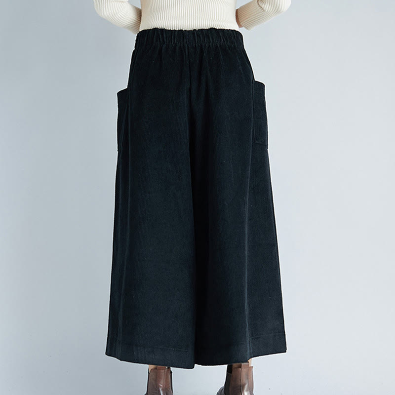 Women's Plain Side Zipper Design Wide Leg Corduroy 7-8 Length Pants With Pockets