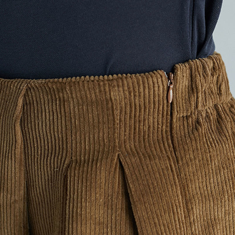 Women's Plain Side Zipper Design Wide Leg Corduroy 7-8 Length Pants With Pockets