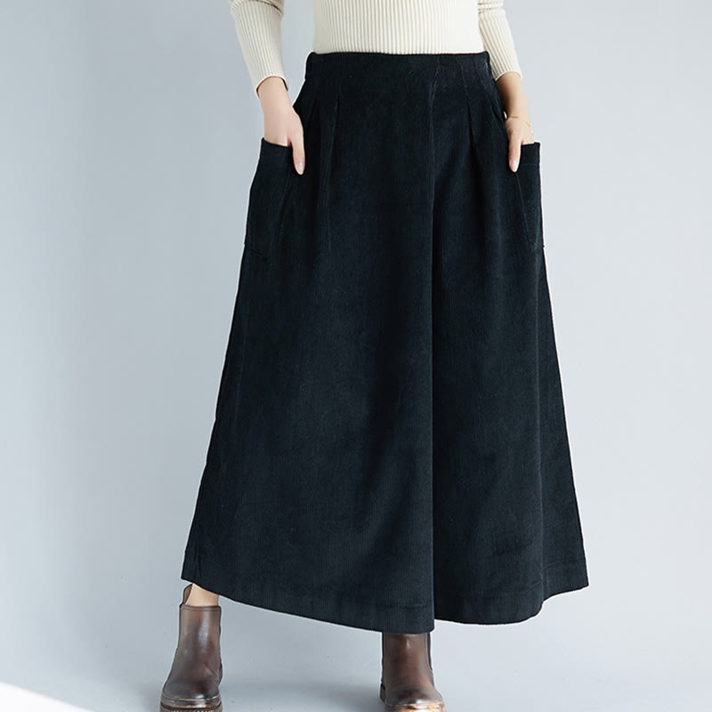 Women's Plain Side Zipper Design Wide Leg Corduroy 7-8 Length Pants With Pockets