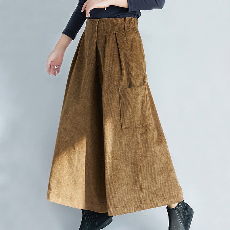 Women's Plain Side Zipper Design Wide Leg Corduroy 7-8 Length Pants With Pockets