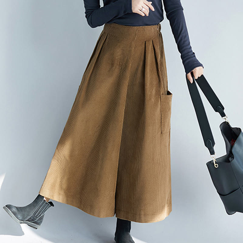 Women's Plain Side Zipper Design Wide Leg Corduroy 7-8 Length Pants With Pockets