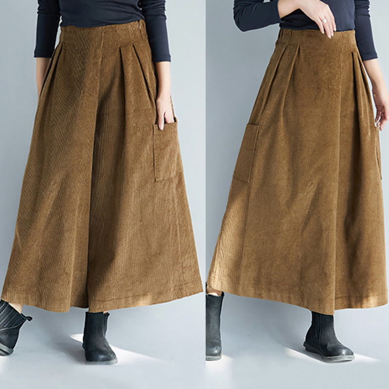 Women's Plain Side Zipper Design Wide Leg Corduroy 7-8 Length Pants With Pockets