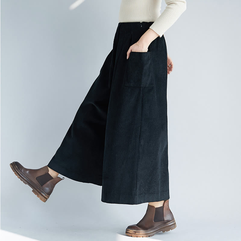 Women's Plain Side Zipper Design Wide Leg Corduroy 7-8 Length Pants With Pockets