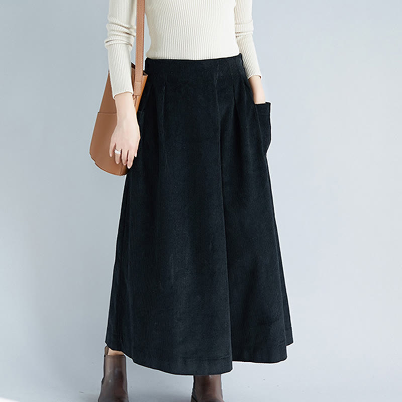 Women's Plain Side Zipper Design Wide Leg Corduroy 7-8 Length Pants With Pockets