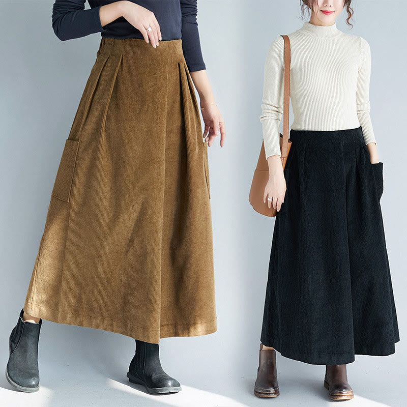 Women's Plain Side Zipper Design Wide Leg Corduroy 7-8 Length Pants With Pockets