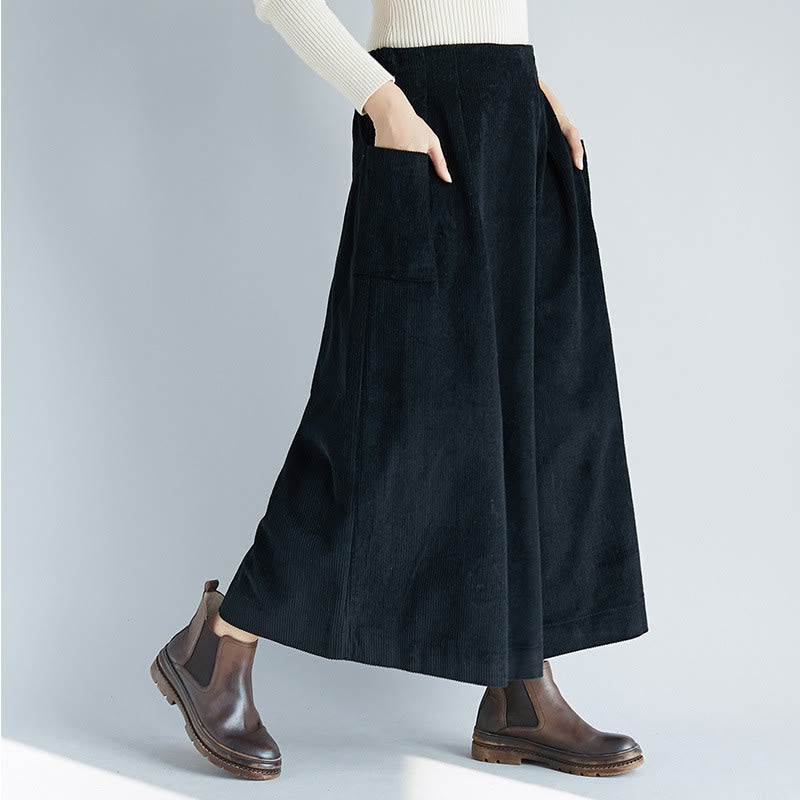 Women's Plain Side Zipper Design Wide Leg Corduroy 7-8 Length Pants With Pockets