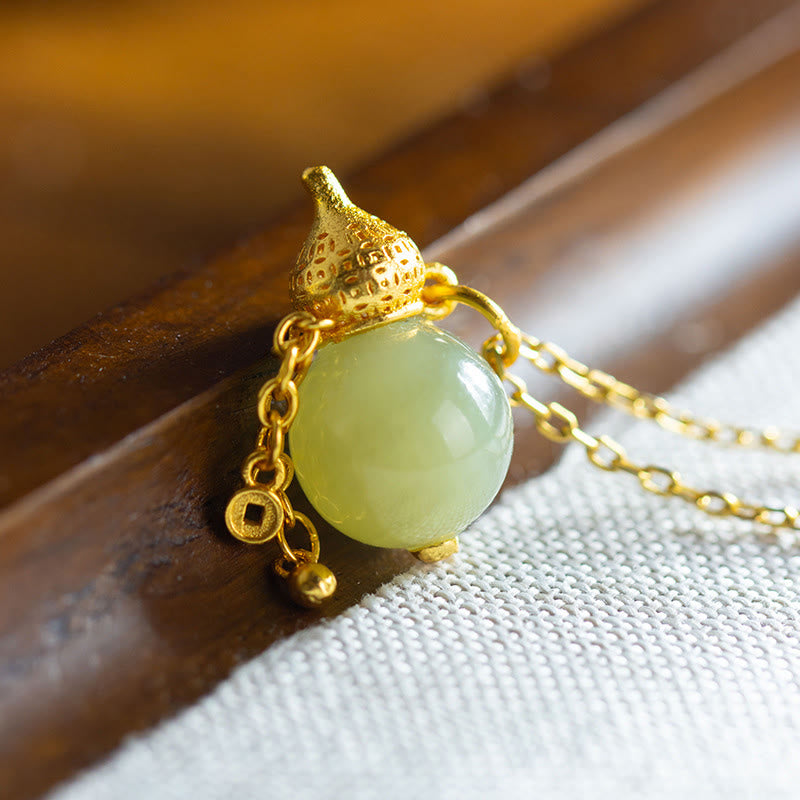 925 Sterling Silver Gourd Hetian Jade Luck Abundance Pendant Necklace