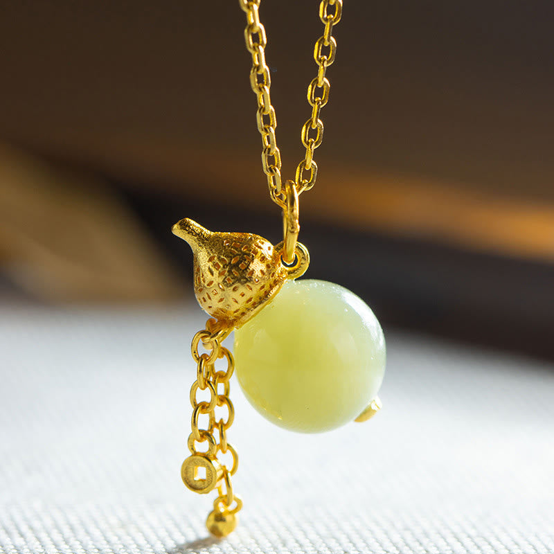 925 Sterling Silver Gourd Hetian Jade Luck Abundance Pendant Necklace