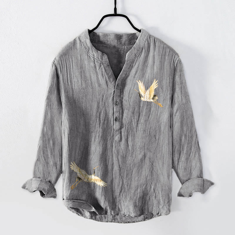 Cotton Linen Stand Collar Long Sleeve Shirt with Nature Motif