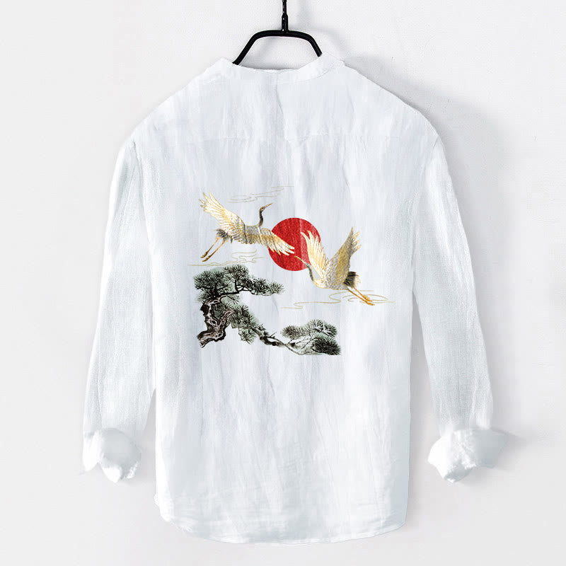 Cotton Linen Stand Collar Long Sleeve Shirt with Nature Motif