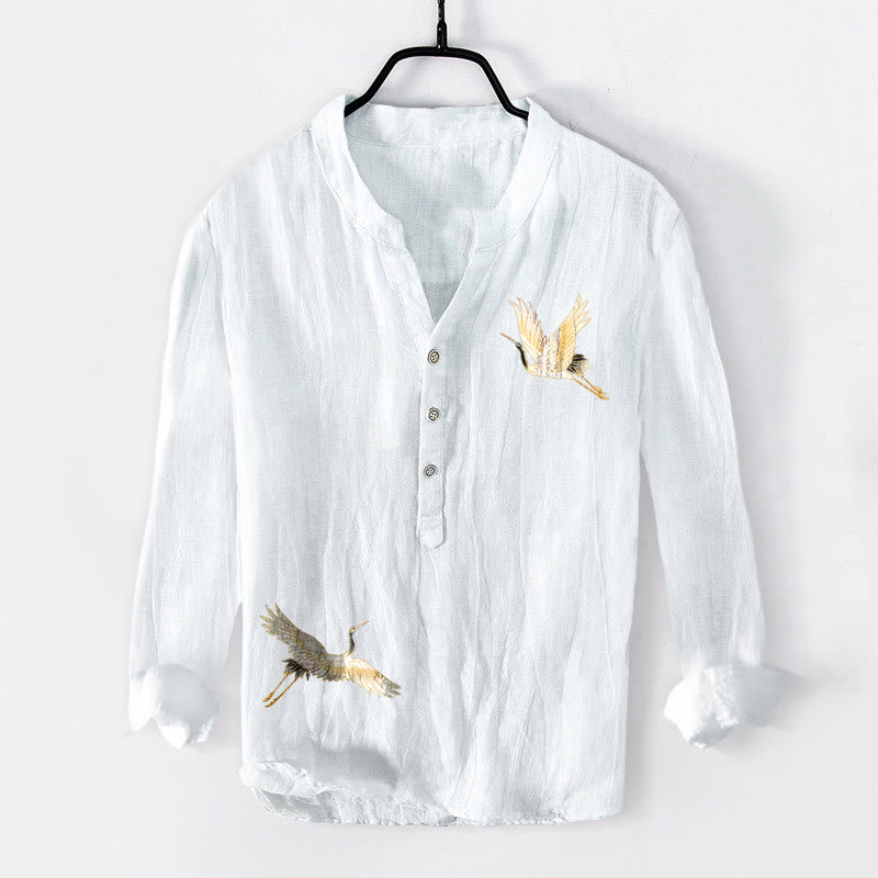 Cotton Linen Stand Collar Long Sleeve Shirt with Nature Motif