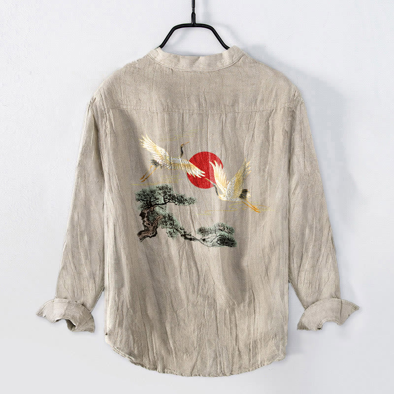 Cotton Linen Stand Collar Long Sleeve Shirt with Nature Motif