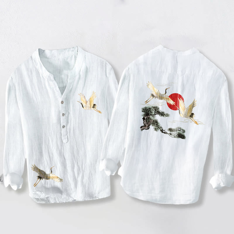 Cotton Linen Stand Collar Long Sleeve Shirt with Nature Motif