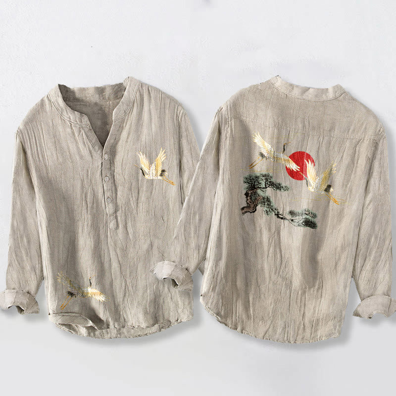Cotton Linen Stand Collar Long Sleeve Shirt with Nature Motif