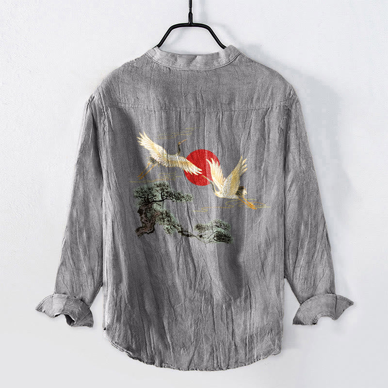 Cotton Linen Stand Collar Long Sleeve Shirt with Nature Motif