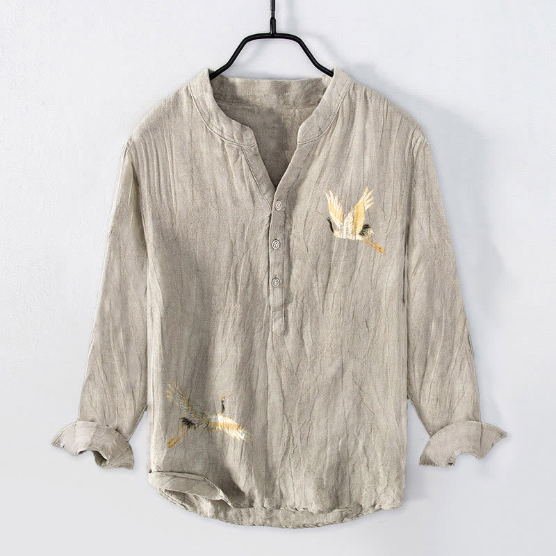 Cotton Linen Stand Collar Long Sleeve Shirt with Nature Motif