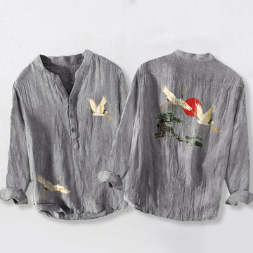 Cotton Linen Stand Collar Long Sleeve Shirt with Nature Motif