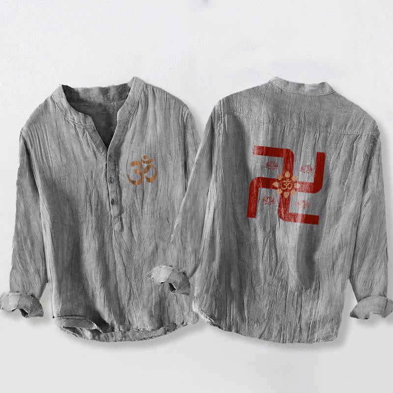 Cotton Linen Stand Collar Sacred Symbol Meditation Shirt