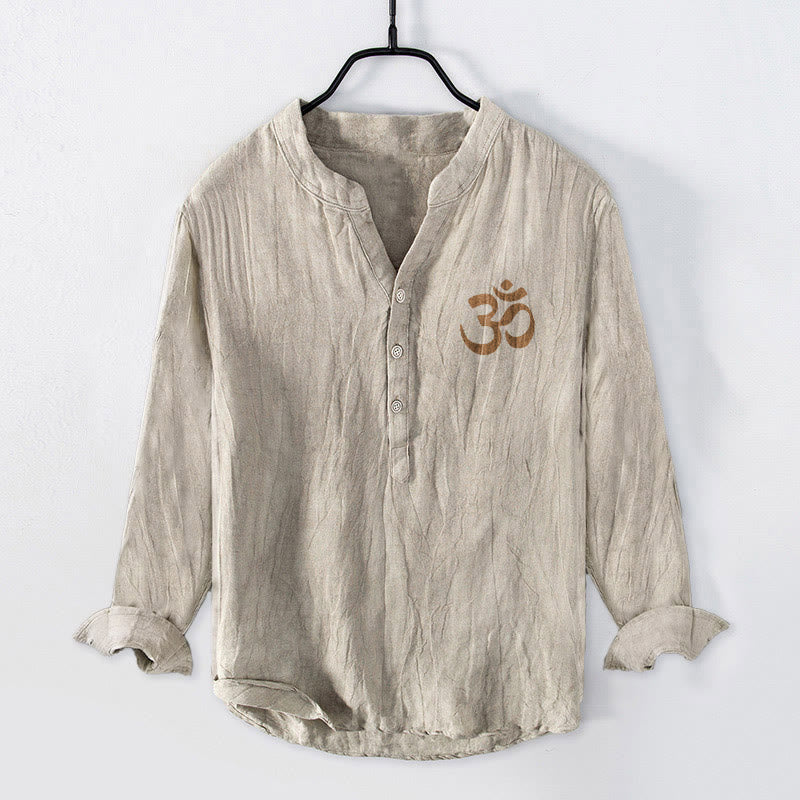 Cotton Linen Stand Collar Sacred Symbol Meditation Shirt