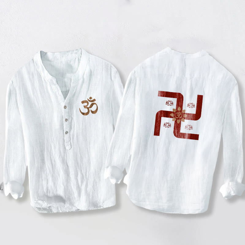 Cotton Linen Stand Collar Sacred Symbol Meditation Shirt