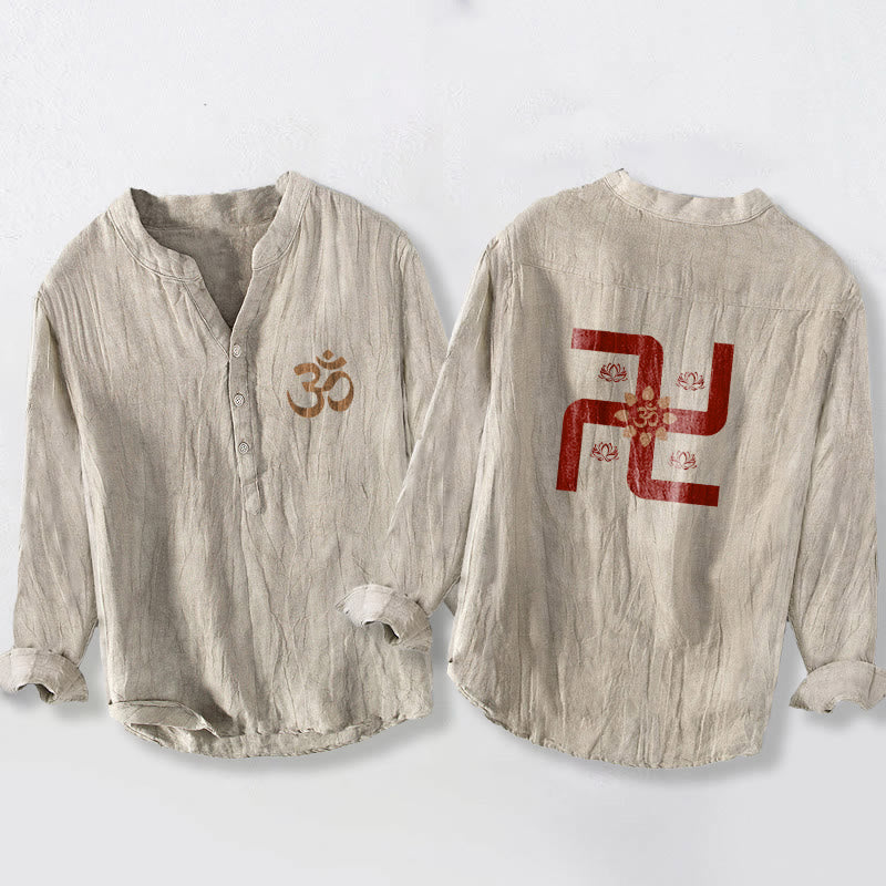 Cotton Linen Stand Collar Sacred Symbol Meditation Shirt