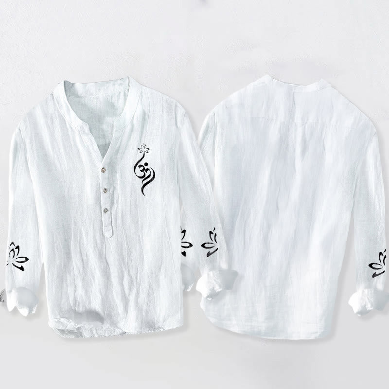 Cotton Linen Stand Collar Lotus Om Meditation Shirt