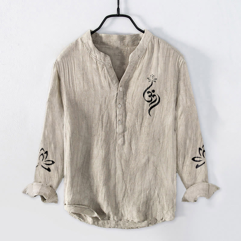 Cotton Linen Stand Collar Lotus Om Meditation Shirt