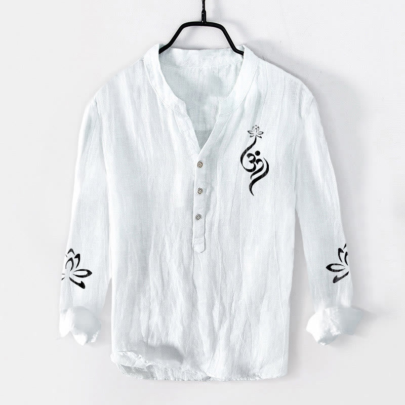 Cotton Linen Stand Collar Lotus Om Meditation Shirt