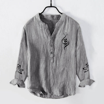 Cotton Linen Stand Collar Lotus Om Meditation Shirt
