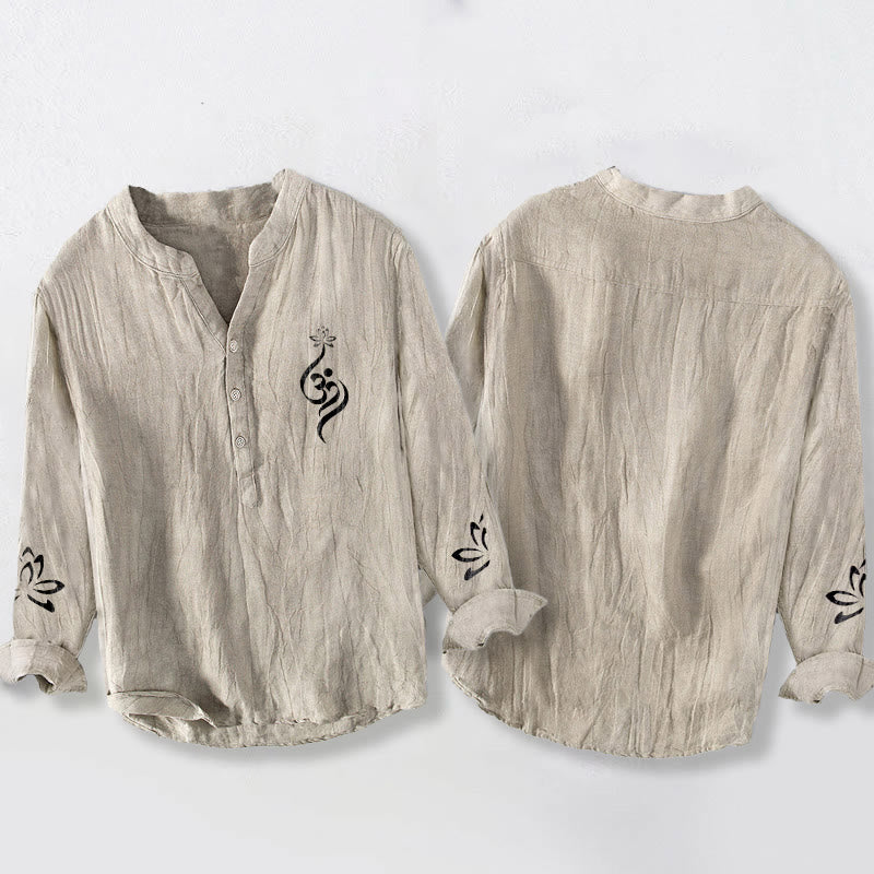 Cotton Linen Stand Collar Lotus Om Meditation Shirt