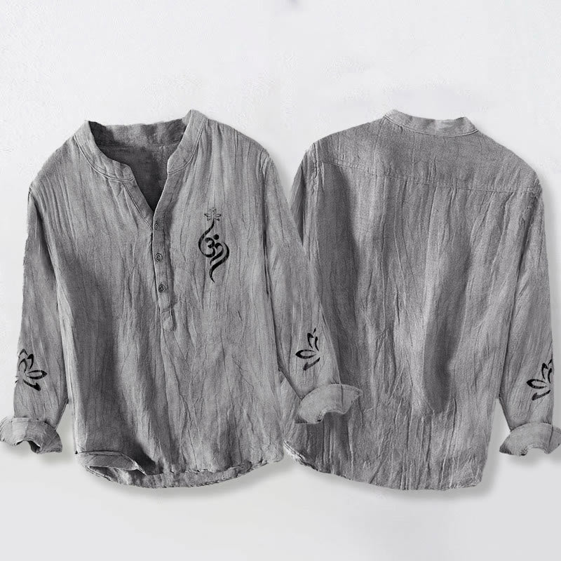 Cotton Linen Stand Collar Lotus Om Meditation Shirt