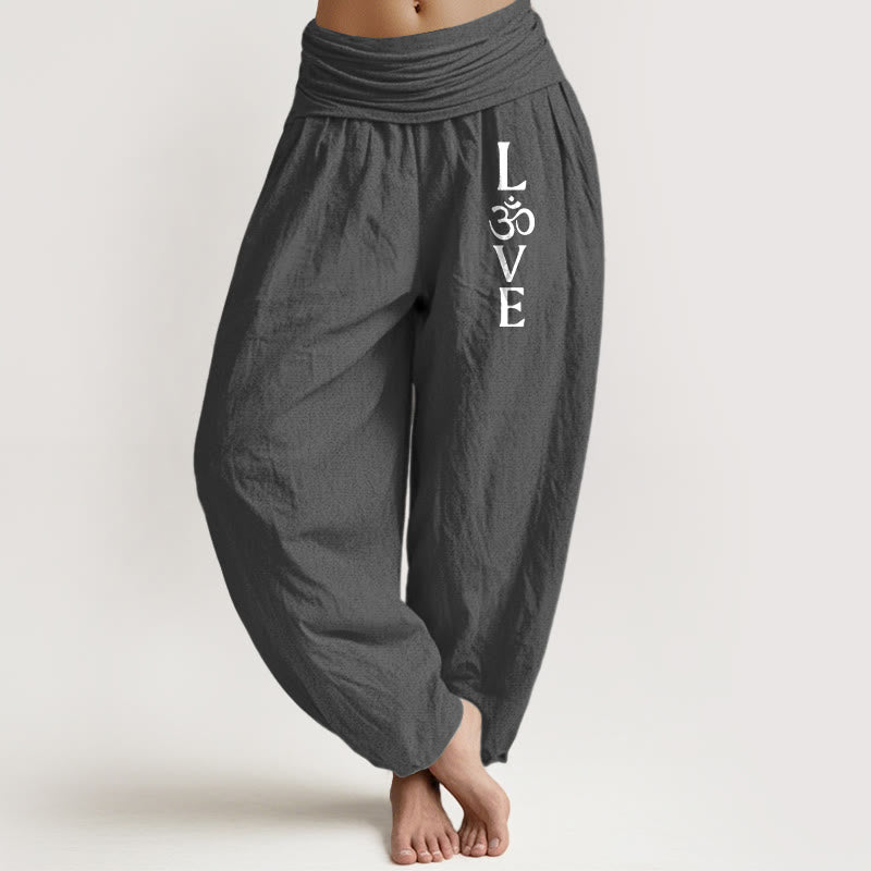 Plain Om Symbol Pattern Women's Elastic Waist Harem Pure Cotton Pants