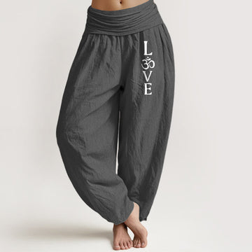 Plain Om Symbol Pattern Women's Elastic Waist Harem Pure Cotton Pants