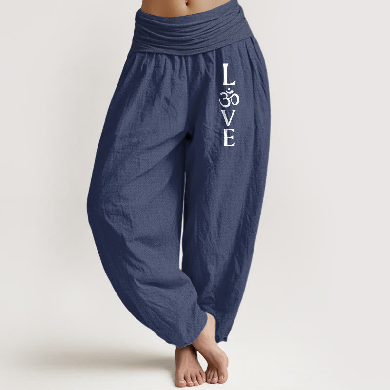 Plain Om Symbol Pattern Women's Elastic Waist Harem Pure Cotton Pants