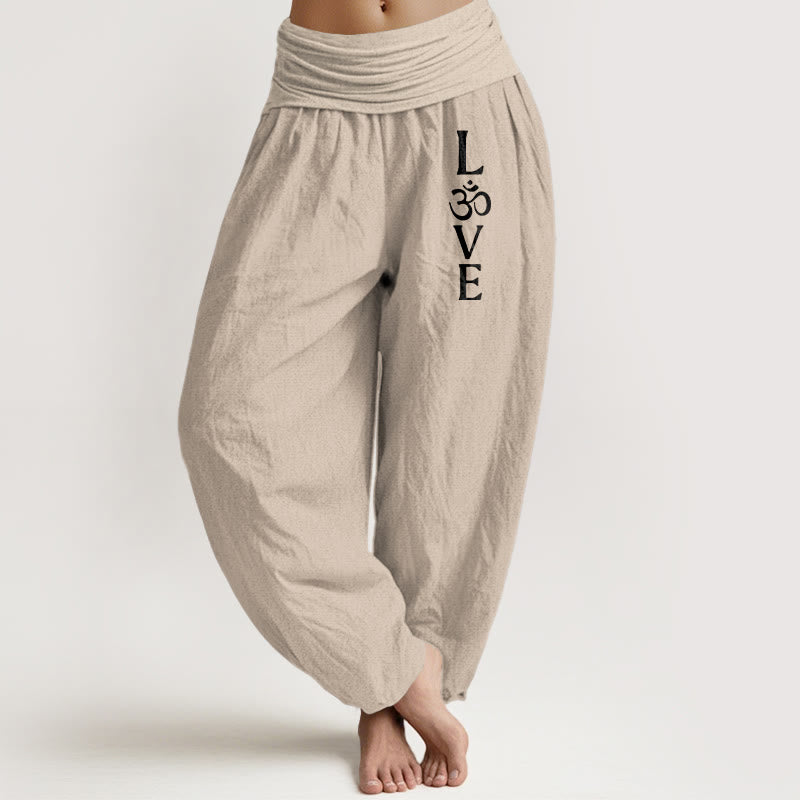 Plain Om Symbol Pattern Women's Elastic Waist Harem Pure Cotton Pants