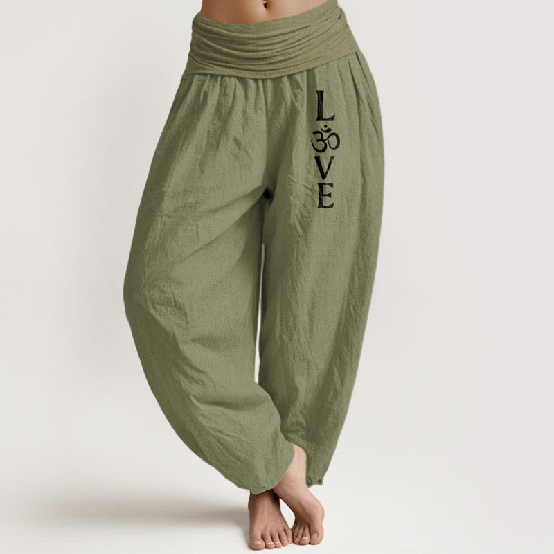 Plain Om Symbol Pattern Women's Elastic Waist Harem Pure Cotton Pants