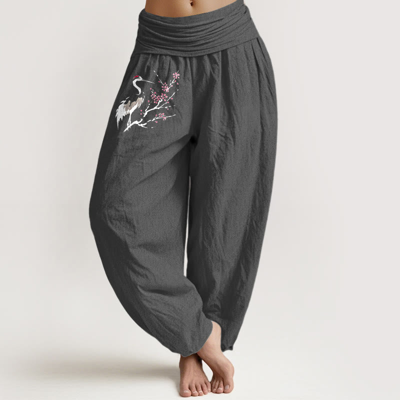 Pure Cotton Crane Motif Grounding Harem Pants