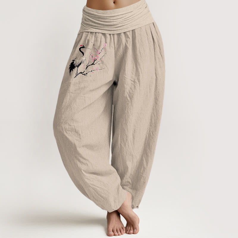 Pure Cotton Crane Motif Grounding Harem Pants