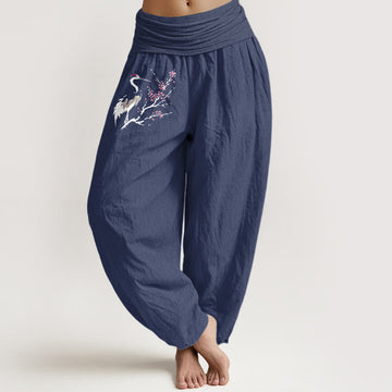 Pure Cotton Crane Motif Grounding Harem Pants