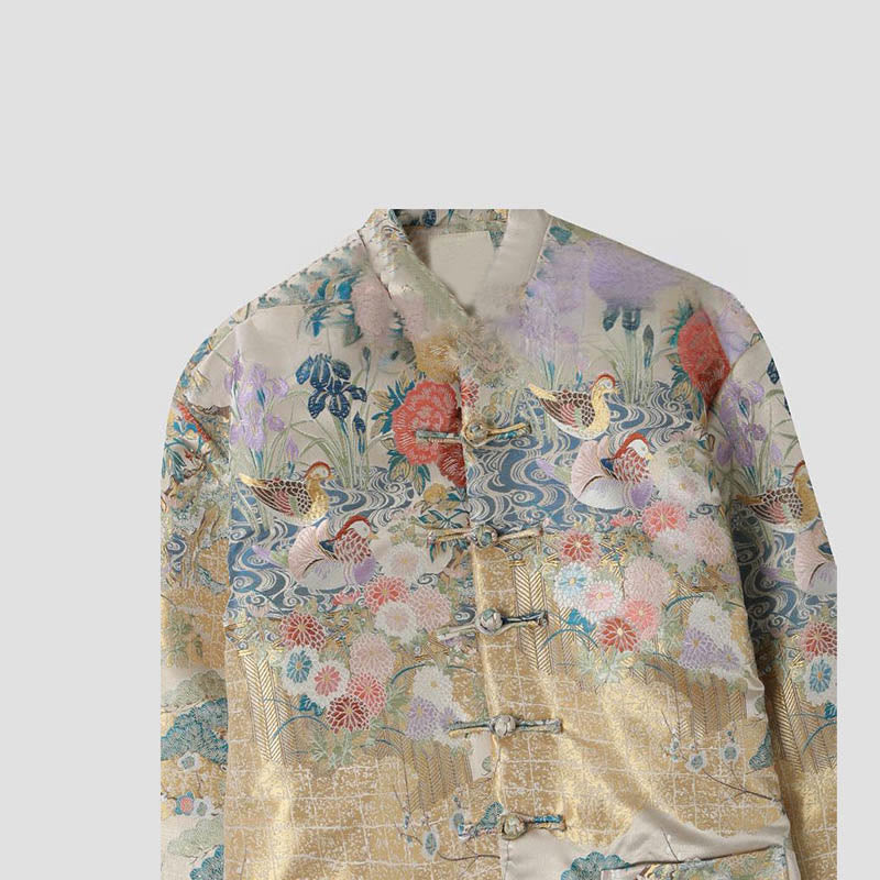 Breathable Frog-Button Peony Print Mindful Men's Jacket