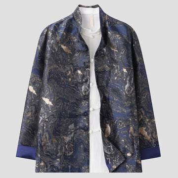 Lightweight Blue Landscape Stand-Collar Men's Meditation Jacket