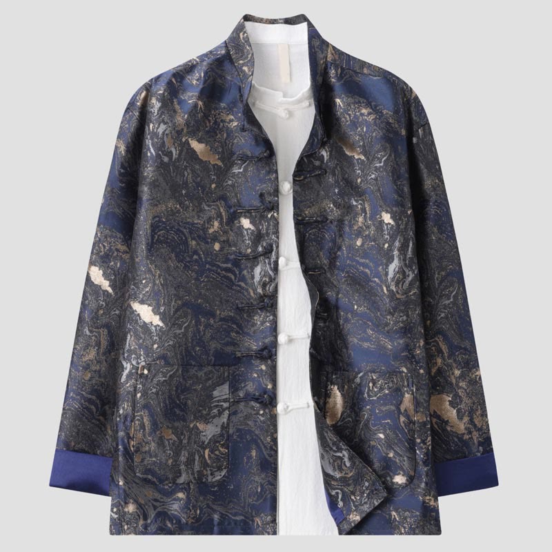 Lightweight Blue Landscape Stand-Collar Men's Meditation Jacket