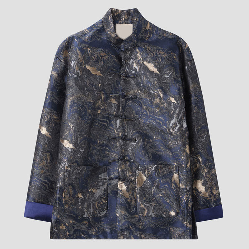 Lightweight Blue Landscape Stand-Collar Men's Meditation Jacket