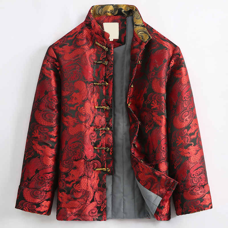 Winter Dragon Jacquard Warm Frog-Button Long Sleeve Men's Jacket With Pockets